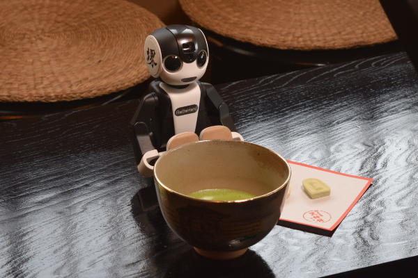 Japanese green tea with traditional sweets (and RoBoHoN)