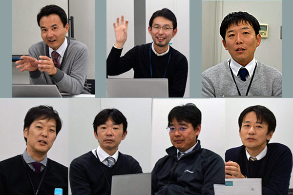 ＜AIoTクラウドの開発メンバー＞ 上段左より　ソリューション事業推進部　係長　佐藤修一、 シャープ(株) 事業戦略推進室BD統轄部 UXデザインスタジオ 田畑雅基、 クラウド開発部　課長　大久保宏、 下段左より　同　課長　荻野正徳、同　係長　杉山弘尚、 同　技師　岩倉寛明、ソリューション事業推進部　課長　竹内正樹 （田畑さん以外は、(株)AIoTクラウド　クラウドソリューション事業部）