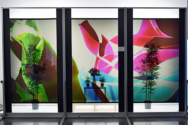 パーテーション用途の適用例 (90型×3面「シースルー液晶ディスプレイ」)