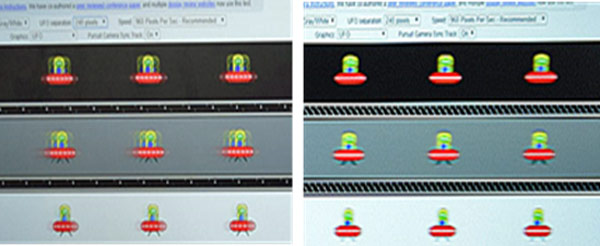左が60Hzで右が240Hz駆動 （黄緑と赤の物体が左右に移動する画面では、右の高速駆動がよりなめらかに見えます。）