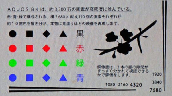 8K解像度だと線や文字のギザギザ感がなくなります （上：4Kテレビの画面　下：8Kテレビの画面）