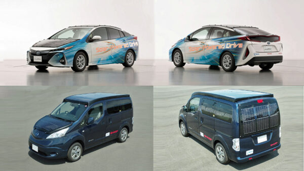 当社の世界最高水準の高効率太陽電池を用いた実証車 (上:トヨタ自動車「プリウスPHV実証車」、下:日産自動車「e-NV200」)