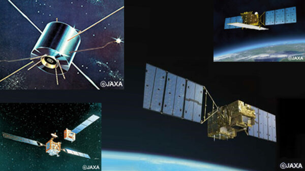 当社宇宙用太陽電池搭載の人工衛星 <JAXA提供> 左上:実用衛星「うめ」(1976年) 右上:陸域観測技術衛星2号「だいち2号」(2014年)、 左下:技術試験衛星Ⅶ型「きく7号」(1997年) 右下:温室効果ガス観測技術衛星「いぶき」(2009年)