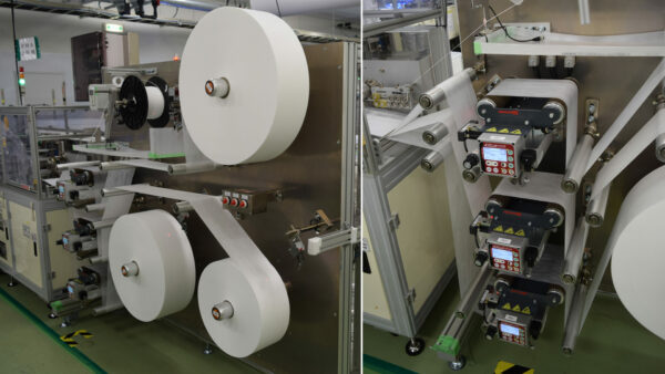 3枚の不織布を貼り合わせます（右：貼り合わせ部分拡大画像）