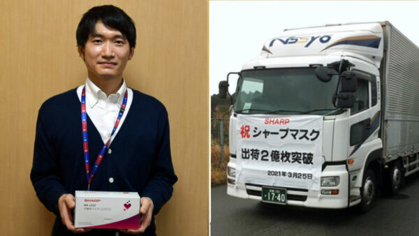 左:新規装置導入などを担当する山田さん 右:3月25日にマスク生産(出荷)2億枚を達成