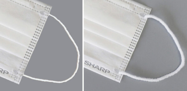 耳ひも(左:従来 右:新たに開発したやわらか耳ひも)