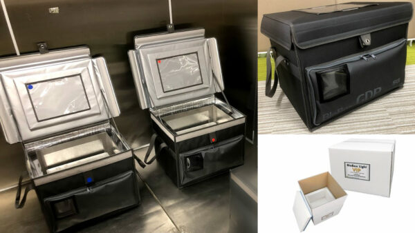 もうすぐ商品化予定の輸送容器セット(右下は海外輸送BOX)